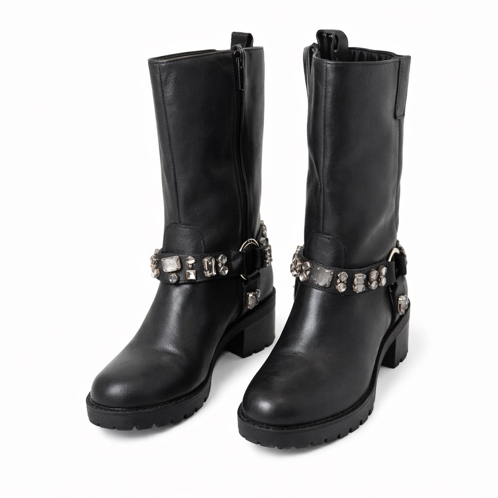 WHBM Black Whimsigoth Moto Boots Embellished Harness Crystal Biker Chic 8.5